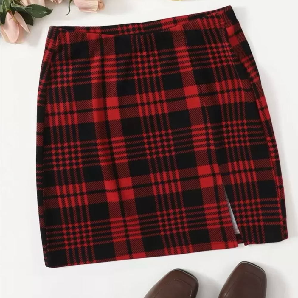 Split Hem Plaid Red and Black Women's Skirt